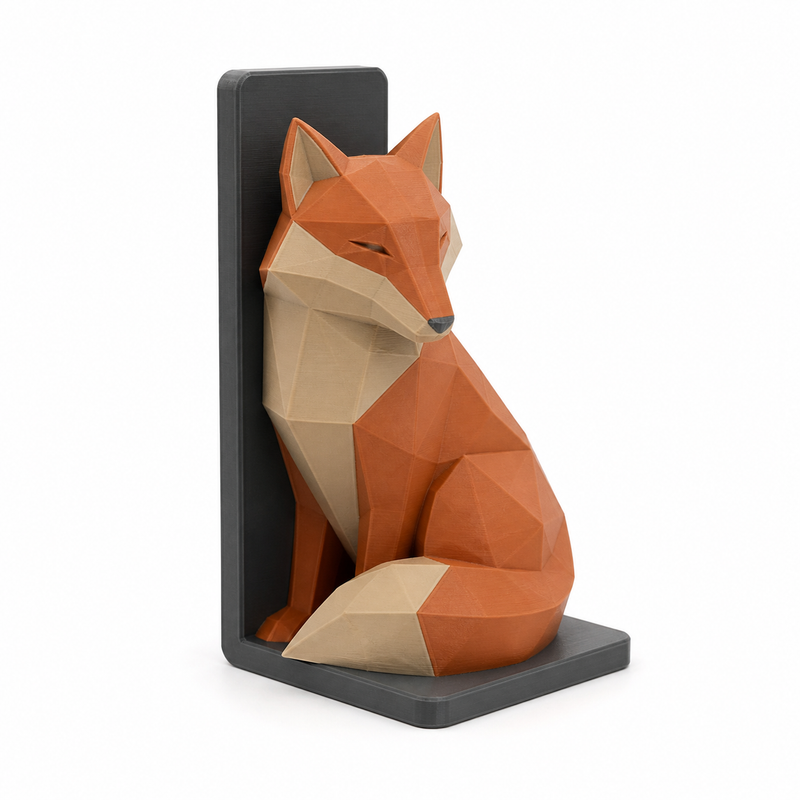 Product illustration of “bookend with faceted fox in terracotta” on a white background: bookend; Basic shape: right-angled support with plastic seated fox figure; Design: edgy modeled body surfaces and a quiet upright posture; Colours: terracotta, cream and anthracite.