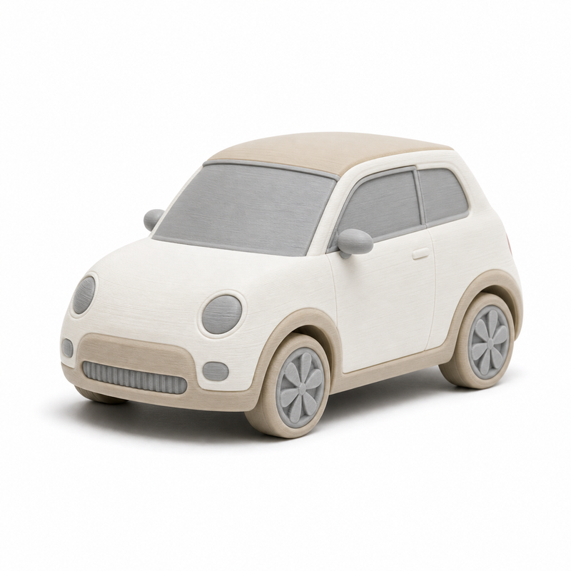 Product image of "Rusty small car model in natural tones" on white background: vehicle figure; Basic shape: compact rounded small car shape with four wheels; Design: gently modeled windows, luminaires and a simple front grill; Colours: off-white, beige and light grey.