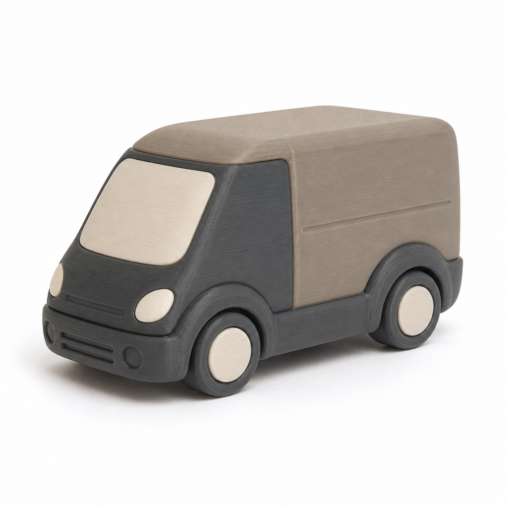 Product image of "Right van model in taupe and anthracite" on white background: vehicle figure; Basic shape: box-shaped van with short front and high load capacity; Design: large smooth side surfaces and a soft rounded front; Colours: anthracite, taupe and cream.