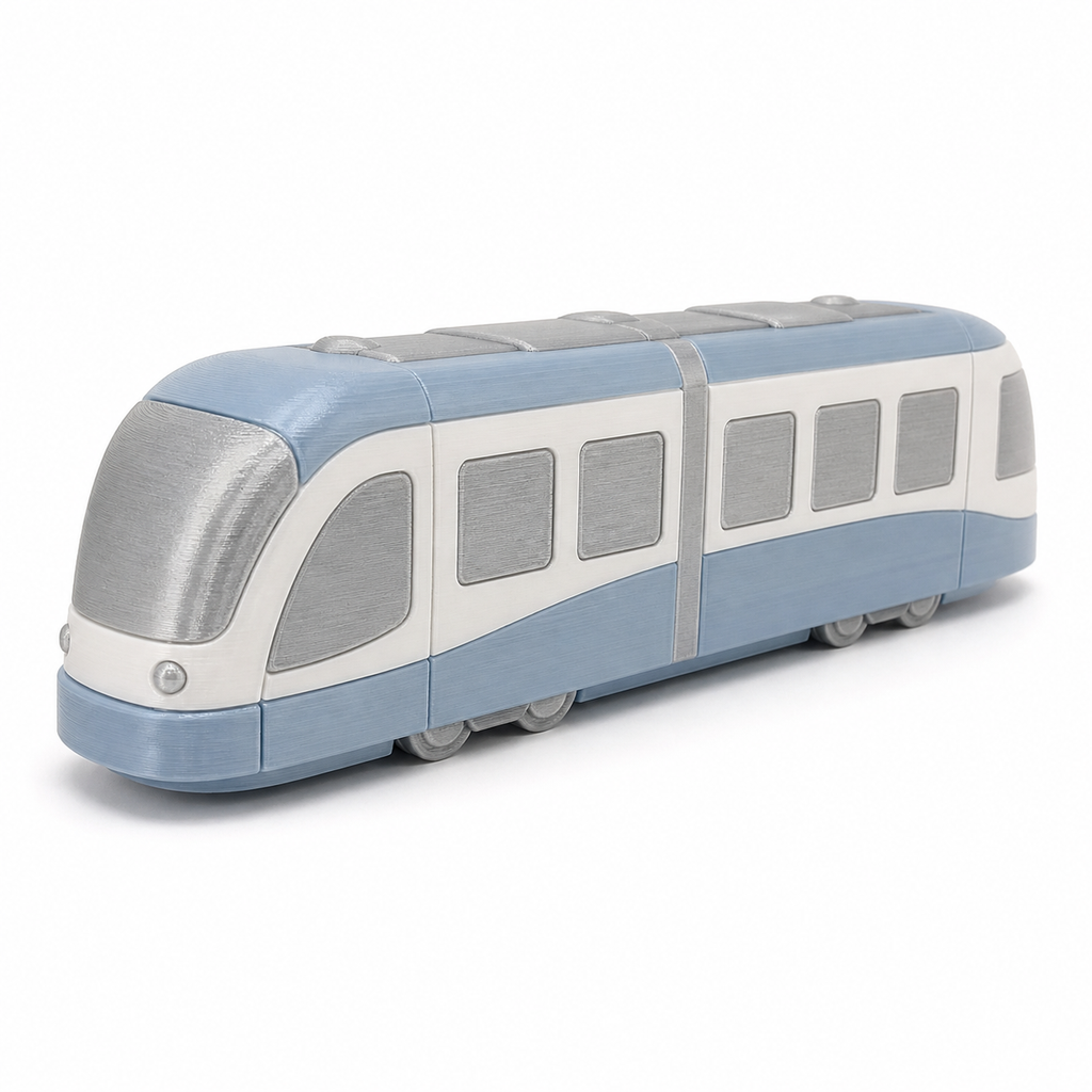 Product illustration of "Reasonable tram model in sky blue" on white background: vehicle figure; Basic shape: elongated rounded tram with many windows; Design: a streamlined front and evenly arranged side windows; Colours: sky blue, white and silver grey.