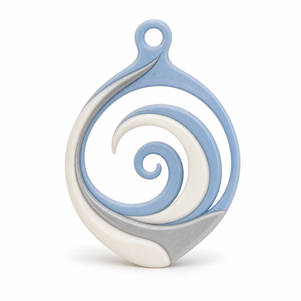 Product illustration of "Spiral window ornament in sky blue" on white background: window ornament; Basic shape: open drop-like round shape with upper suspension loop; Design: a large soft spiral path and a quiet white inner arc; Colours: sky blue, white and silver grey.
