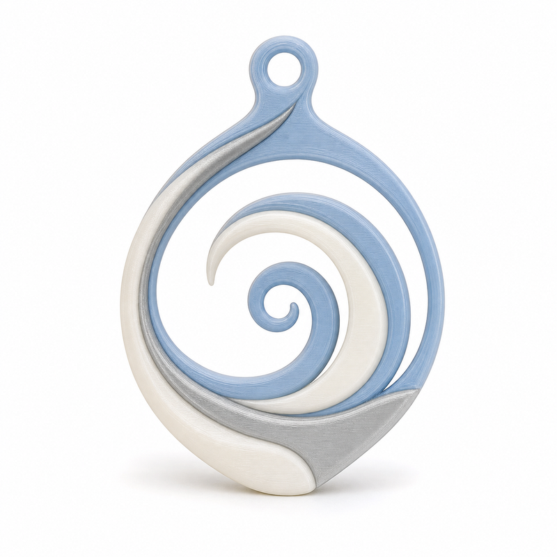 Product illustration of "Spiral window ornament in sky blue" on white background: window ornament; Basic shape: open drop-like round shape with upper suspension loop; Design: a large soft spiral path and a quiet white inner arc; Colours: sky blue, white and silver grey.