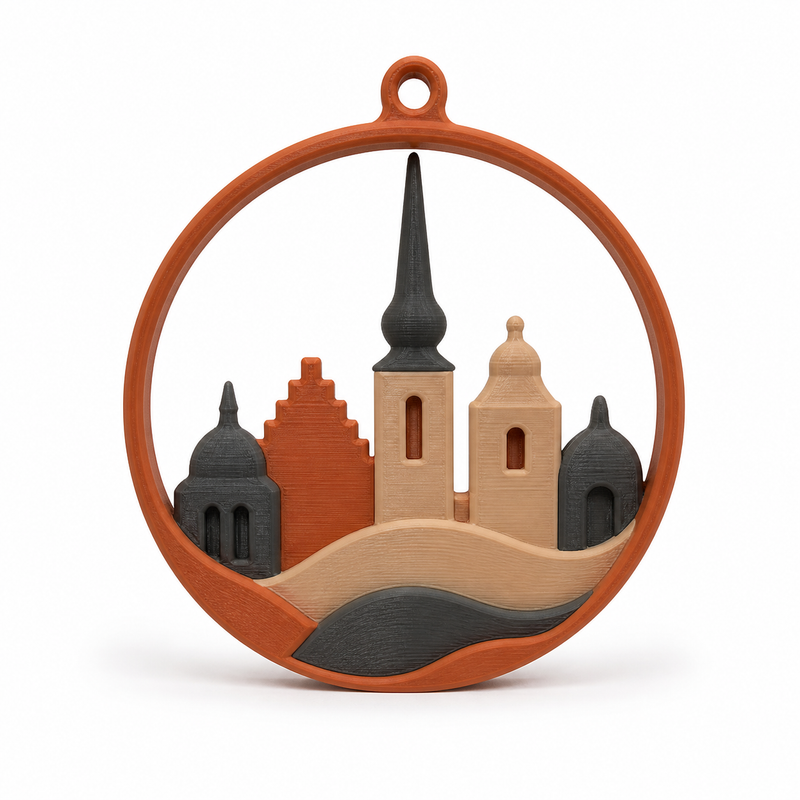 Product illustration of "round window ornament with silent city silhouette" on white background: window ornament; Basic shape: round frame shape with integrated church and several buildings; Design: a quiet layered city view and soft ground waves; Colours: terracotta, cream and anthracite.