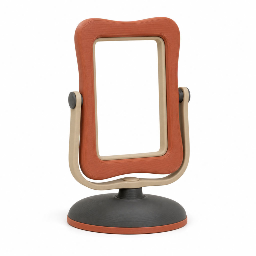 Product illustration of “Swingable table picture frame in terracotta” on white background: table picture frame; Basic shape: high-format rounded frame in two lateral holders on oval foot; Design: two pivot points and a quietly curved dark stand; Colours: terracotta, cream and anthracite.