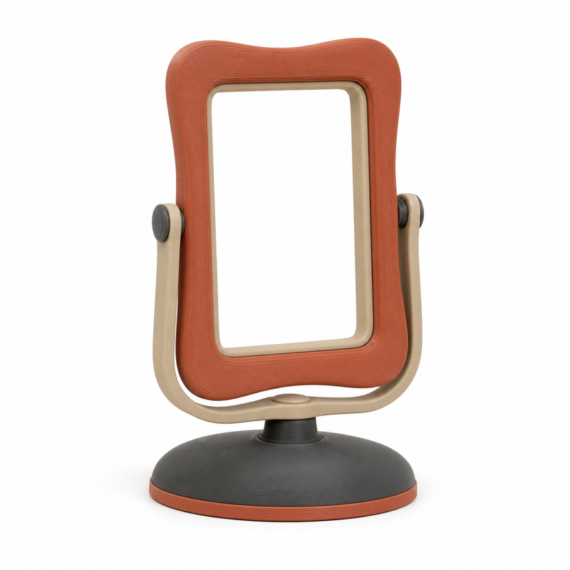 Product illustration of “Swingable table picture frame in terracotta” on white background: table picture frame; Basic shape: high-format rounded frame in two lateral holders on oval foot; Design: two pivot points and a quietly curved dark stand; Colours: terracotta, cream and anthracite.