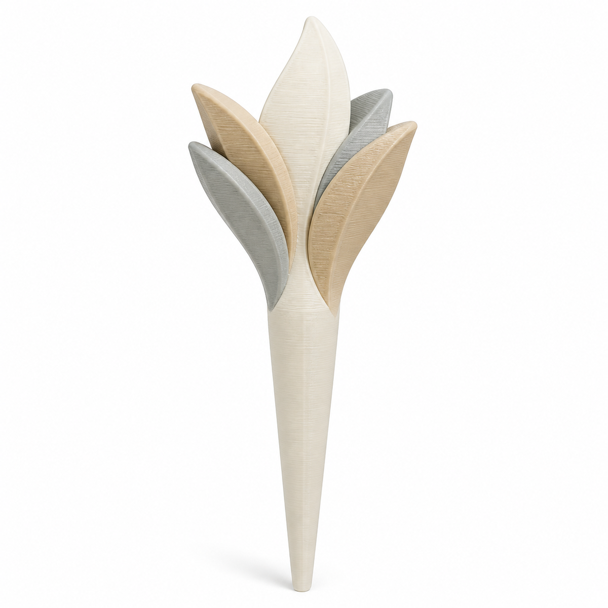 Product illustration of “garden stake with calm flower bud” on white background: garden stake; Basic shape: long pointed earth shape with three-piece flower head; Design: three superimposed softly curved leaves at different heights; Colours: off-white, beige and light grey.