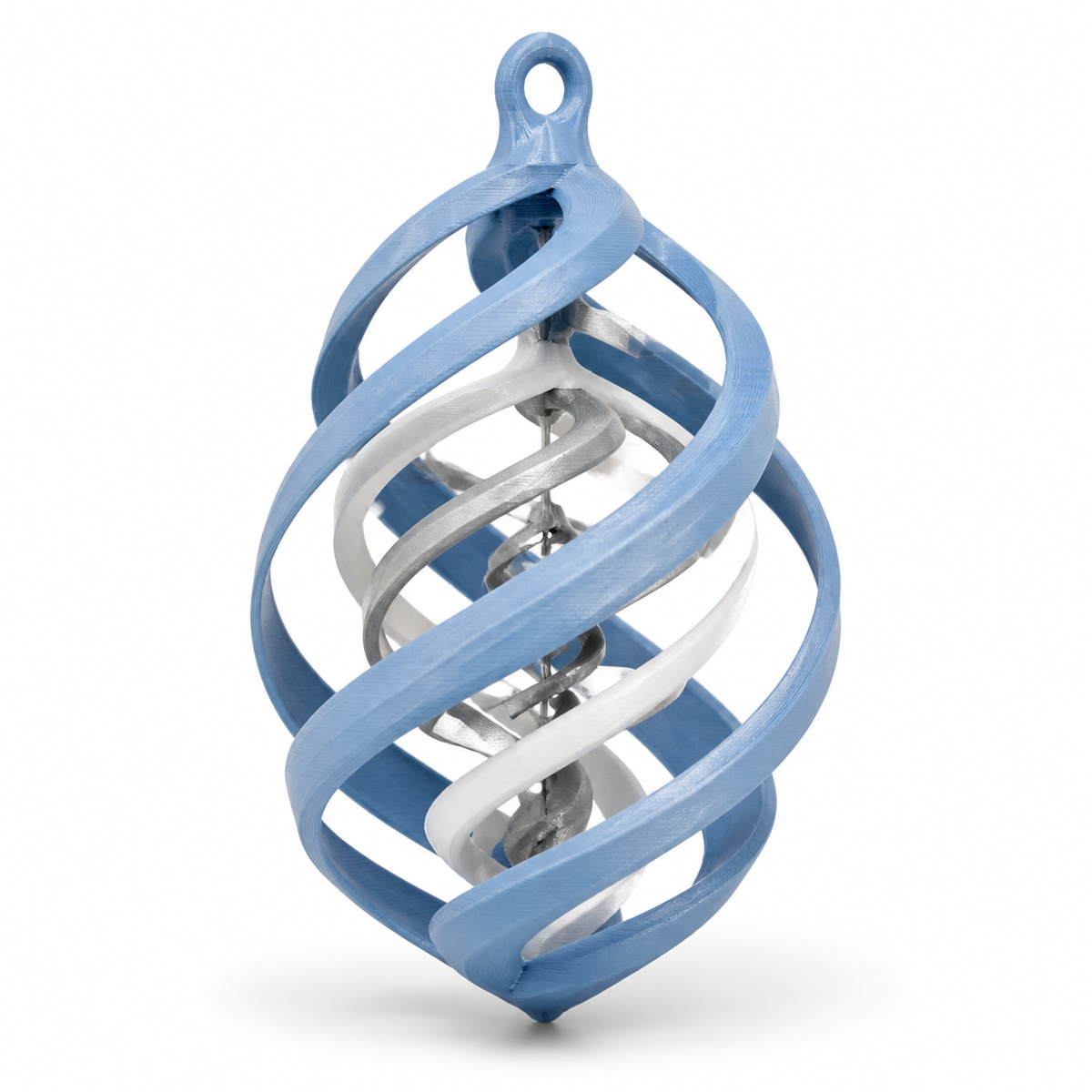 Product illustration of "Spiral hanging decoration in sky blue and white" on white background: hanging decoration; Basic shape: belly-shaped twisted drop shape with upper suspension loop; Design: multiple interlocking wide spiral bands; Colours: sky blue, white and silver grey.