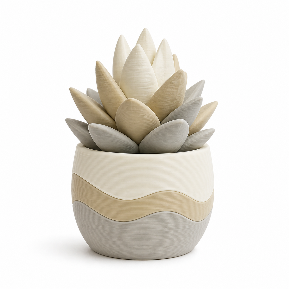 Product illustration of "Artificial succulents in a quiet shell" on a white background: artificial plant; Basic shape: compact rosette-shaped plant in a round top; Design: densely staggered cream-colored leaves and two soft pot waves; Colours: off-white, beige and light grey.