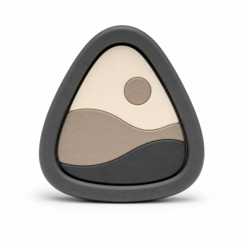 Product illustration of "Triangular magnet with quiet landscape" on white background: magnet; Basic shape: rounded triangular shape with dark wide outer frame; Design: calm layered hills and a round sun; Colours: anthracite, taupe and cream.