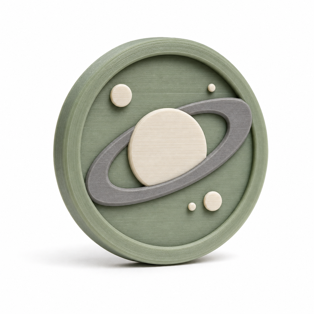 Runder Magnet mit ruhigem Planetenmotiv – Produktansicht auf weißem Hintergrund; Farben: Salbeigrün, Creme und Hellgrau.