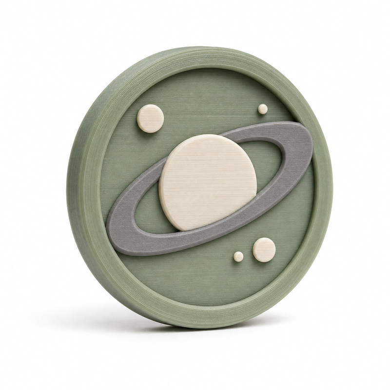 Runder Magnet mit ruhigem Planetenmotiv – Produktansicht auf weißem Hintergrund; Farben: Salbeigrün, Creme und Hellgrau.