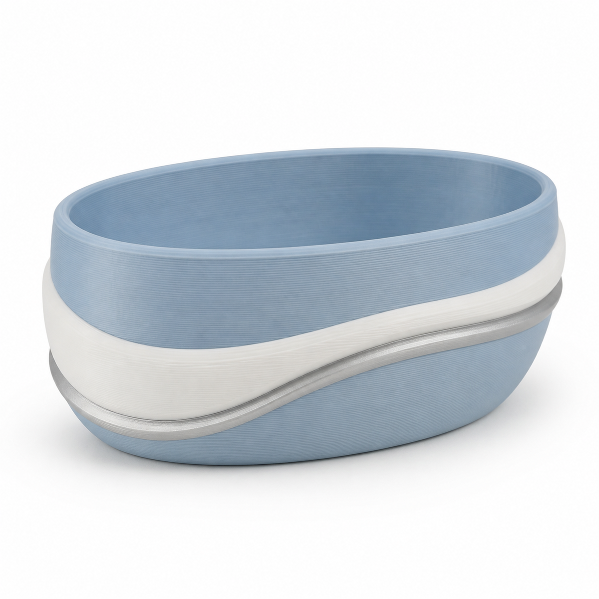 Product image of "oval planter bowl with soft waveband" on white background: planter bowl; Basic shape: low wide oval shell with further sky-blue interior surface; Design: several quietly circulating white and silver-grey wavelines; Colours: Sky blue, white and silver grey.