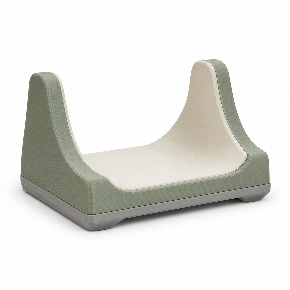Product image of "U-shaped Display stands in sage and cream" on white background: Display stands; Basic shape: wide U-shaped pad with two gently drawn sides; Design: a large cream-coloured inner surface and a light grey base; Colours: sage green, cream and light grey.