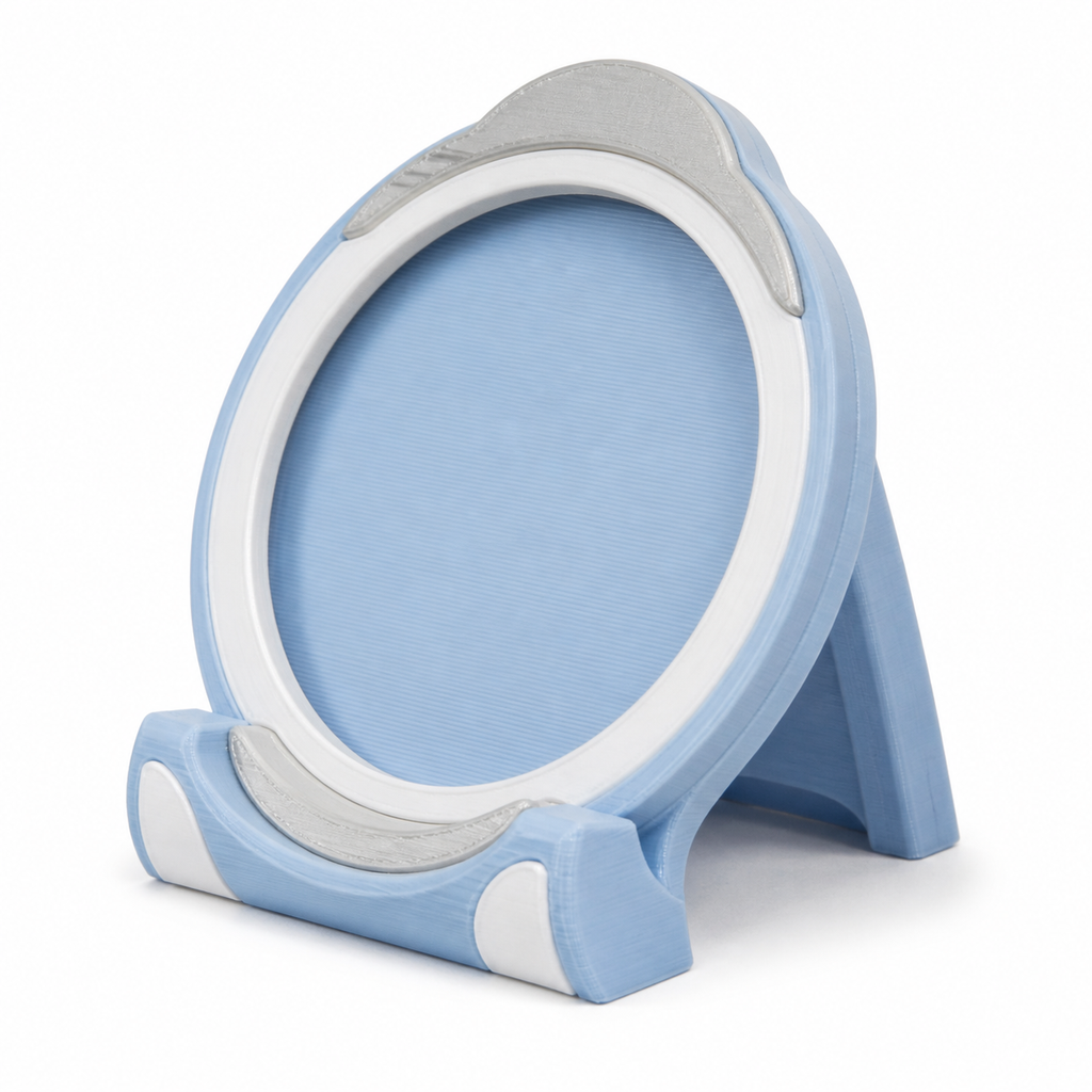 Product illustration of "Oval presentation frame in sky blue" on white background: Display stands; Basic shape: large inclined oval frame on two front feet and back support; Design: a quiet blue presentation surface and multiple curved exterior lines; Colours: sky blue, white and silver grey.