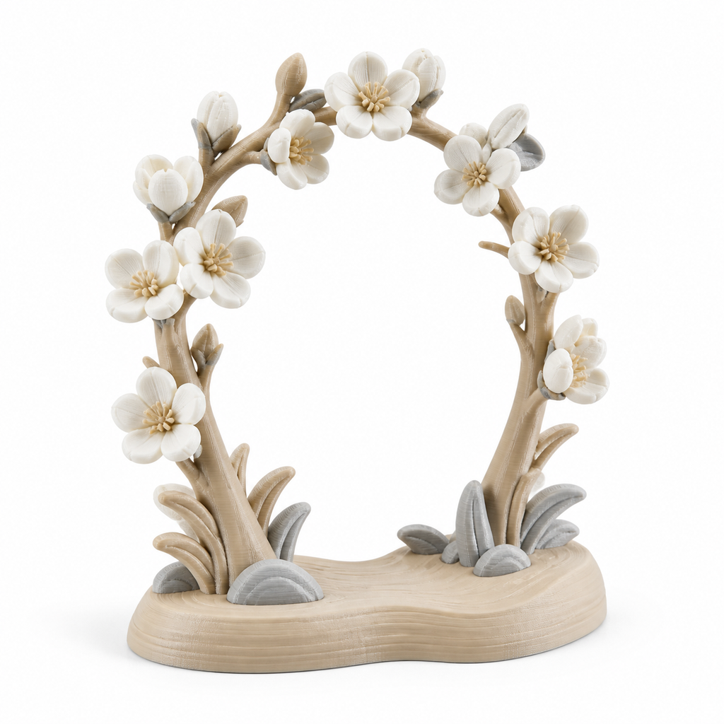Product illustration of “Standing flower bow in soft natural tones” on white background: seasonal decoration; Basic shape: oval open flower bow on an organic shaped basis; Design: two ascending branches and numerous calm creamy flowers; Colours: off-white, beige and light grey.