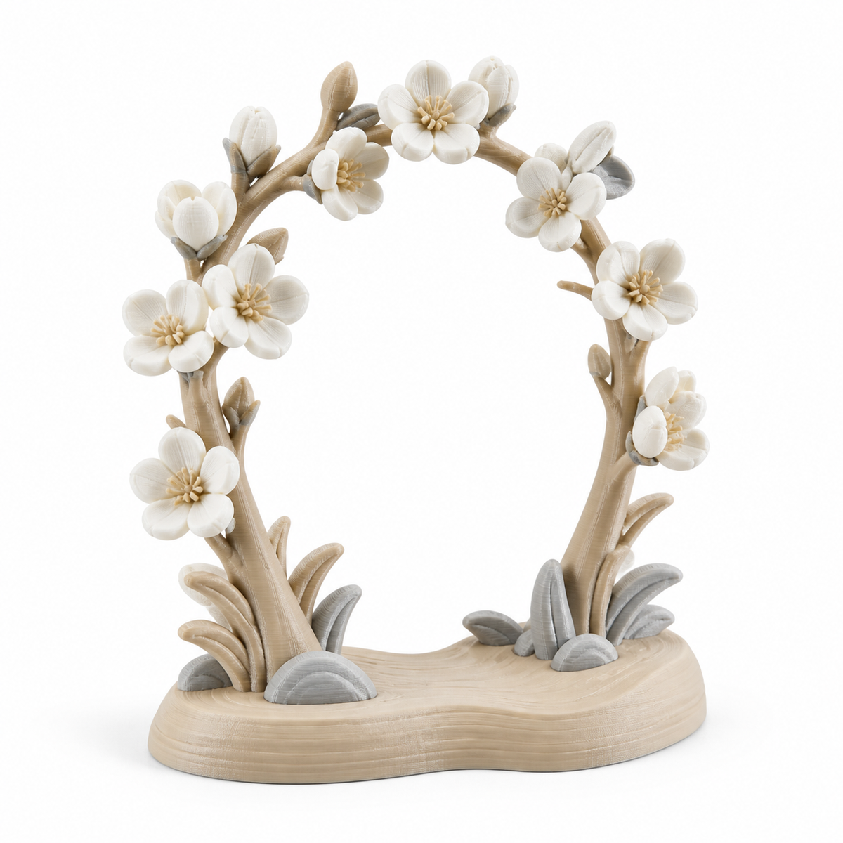 Product illustration of “Standing flower bow in soft natural tones” on white background: seasonal decoration; Basic shape: oval open flower bow on an organic shaped basis; Design: two ascending branches and numerous calm creamy flowers; Colours: off-white, beige and light grey.