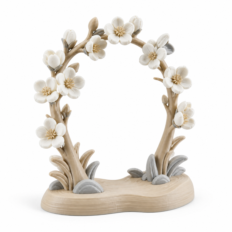 Product illustration of “Standing flower bow in soft natural tones” on white background: seasonal decoration; Basic shape: oval open flower bow on an organic shaped basis; Design: two ascending branches and numerous calm creamy flowers; Colours: off-white, beige and light grey.