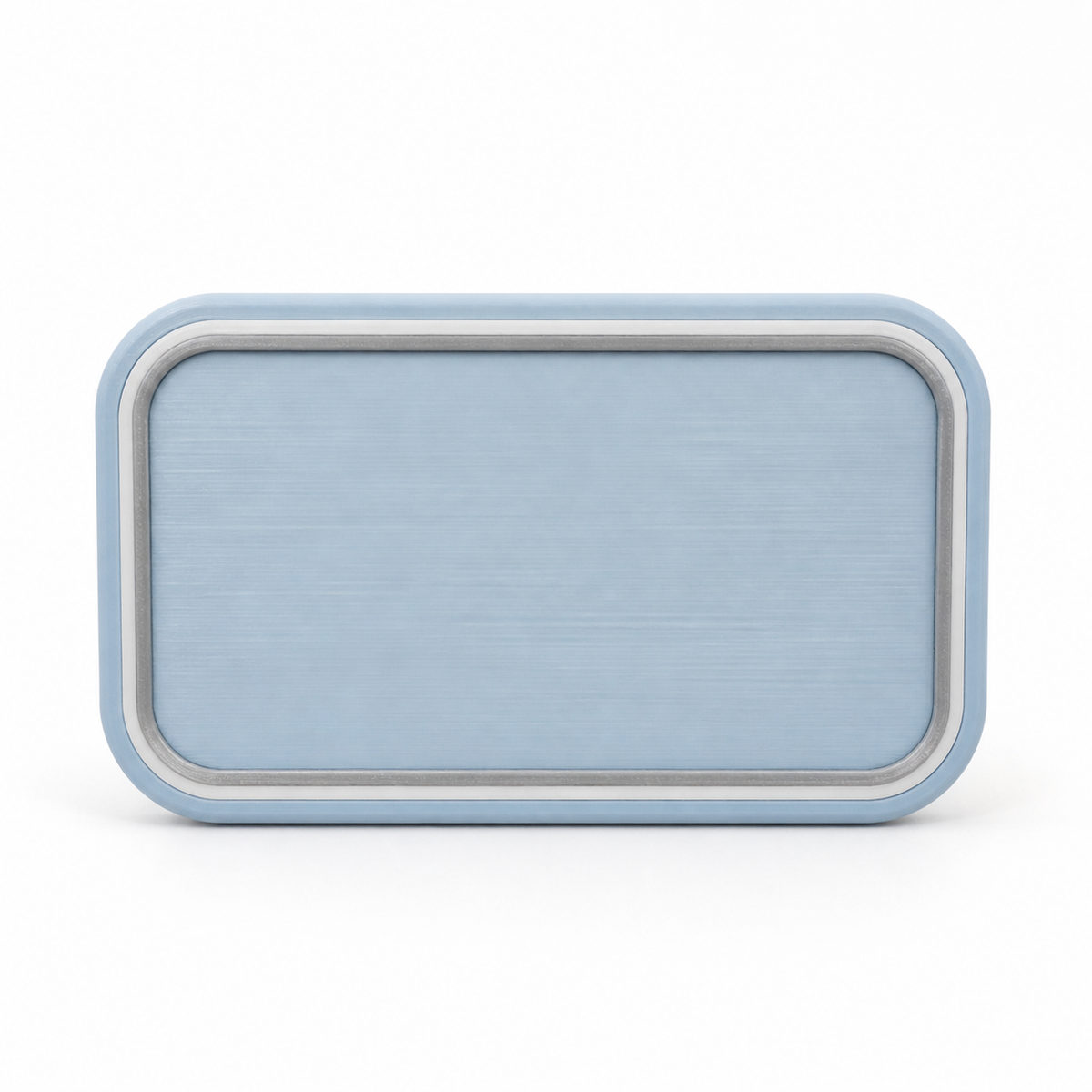 Product illustration of "Rectangular wall sign in sky blue" on white background: wall sign; Basic shape: wide rounded rectangular shape with slightly elevated outer frame; Design: a large quiet blue inner surface and double bright contour; Colours: sky blue, white and silver grey.