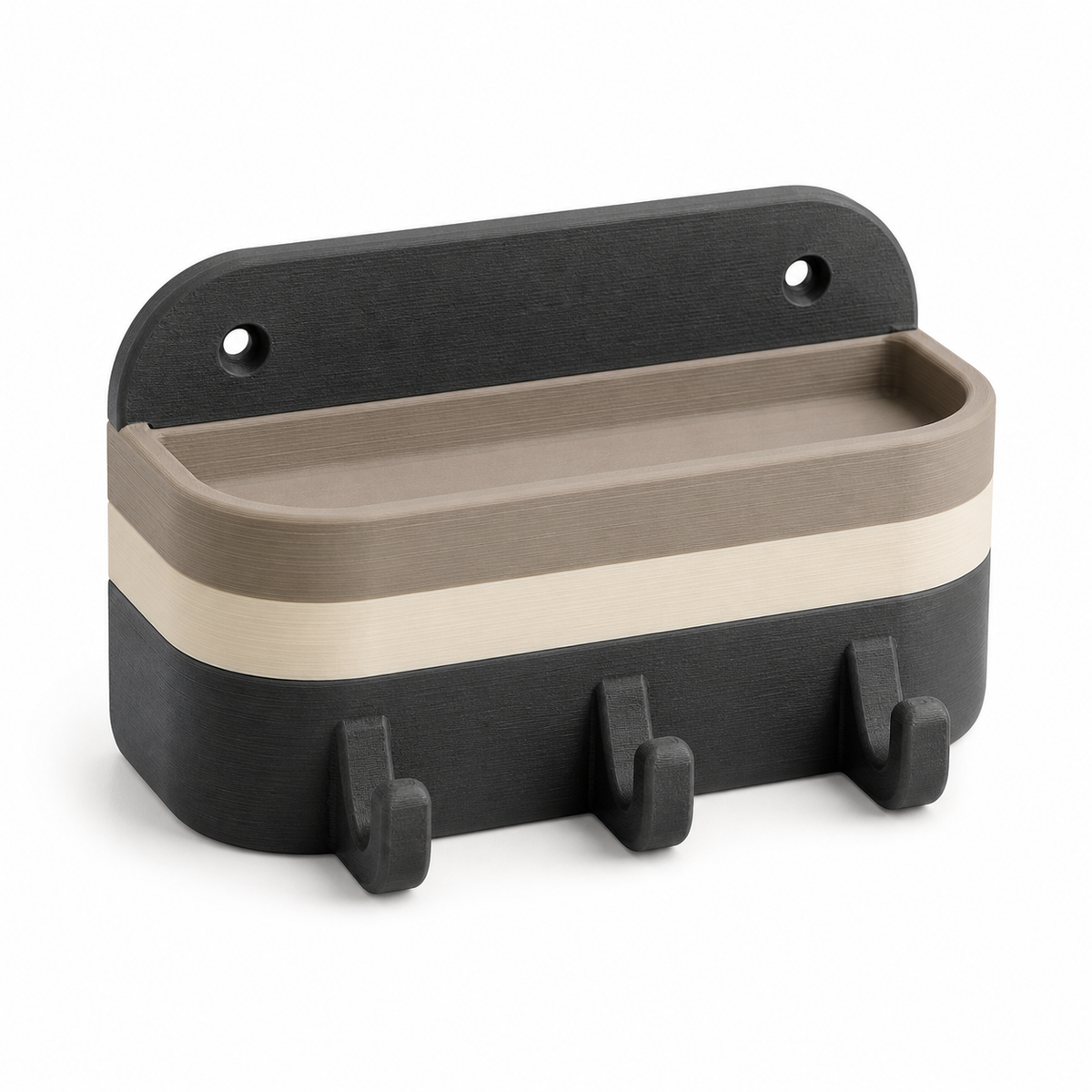 Product illustration of “wall shelf with three hooks in anthracite and taupe” on a white background: key tray; Basic shape: wide tray in front of a rounded dark rear wall; Design: three strong lower hooks and two small fastening openings; Colours: anthracite, taupe and cream.