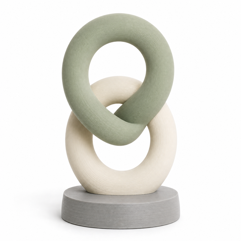 Skulptur aus zwei sanft verschlungenen Ringen – Produktansicht auf weißem Hintergrund; Farben: Salbeigrün, Creme und Hellgrau.