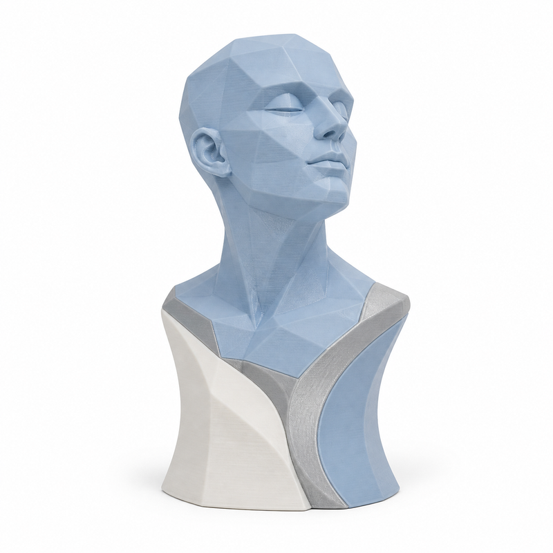 Product illustration of "Facetted portrait bust in sky blue and white" on white background: Deco bust; Basic shape: human head and shoulder bust with narrow integrated stand; Design: geometrically modeled facial features and curved breast surfaces; Colours: sky blue, white and silver grey.