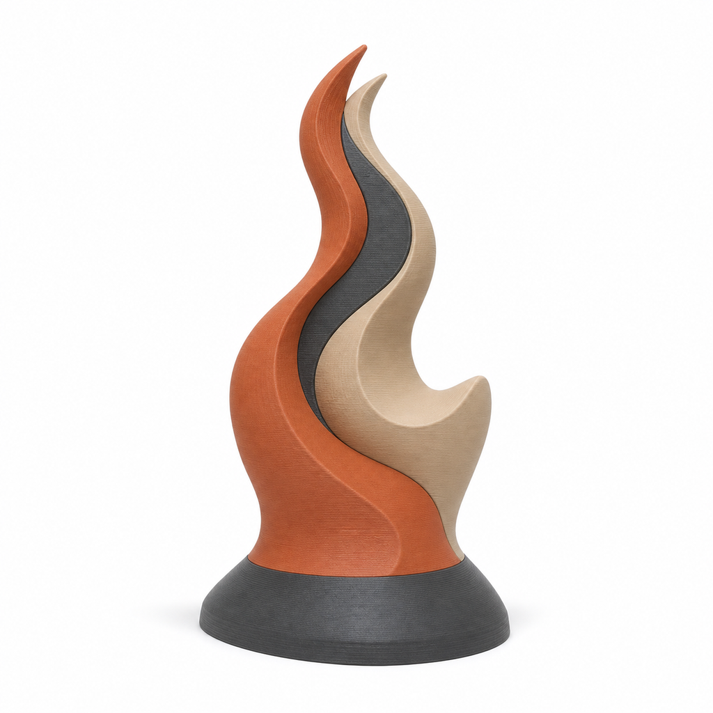 Ruhige Flammenskulptur in warmen Tönen – Produktansicht auf weißem Hintergrund; Farben: Terrakotta, Creme und Anthrazit.