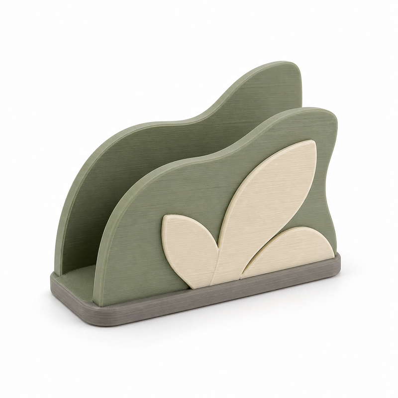Product illustration of "napkin holder with soft leaf motif" on a white background: napkin holder; Basic shape: open table holder with two different high curved sidesplattten; Design: a large cream-colored leaf relief and a flat common base; Colours: sage green, cream and light grey.