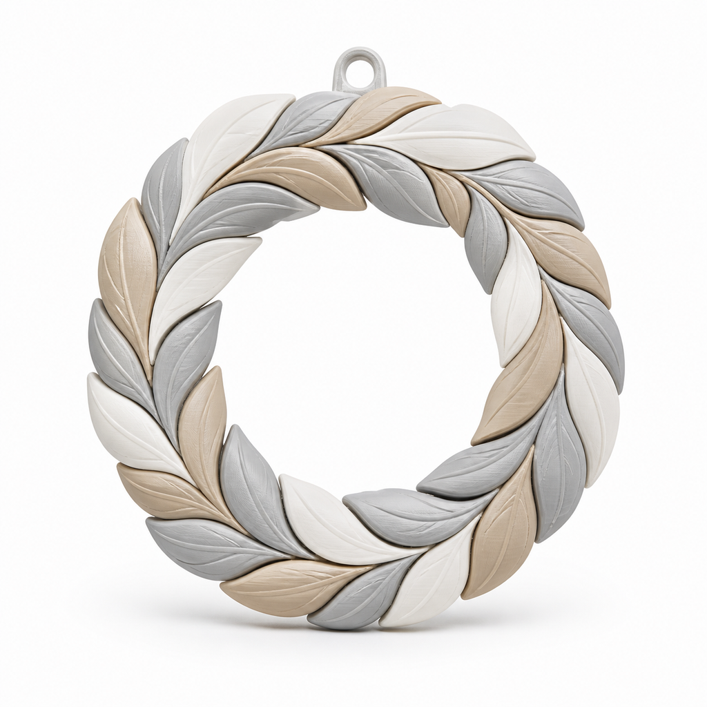 Product image byRuhiger door wreath aus geschichteten leaves“ on white background: door wreath; Basic shape: round open wreath shape with small upper suspension loop; Design: tightly overlaid slim leaves in even direction of rotation; Colours: off-white, beige and light grey.