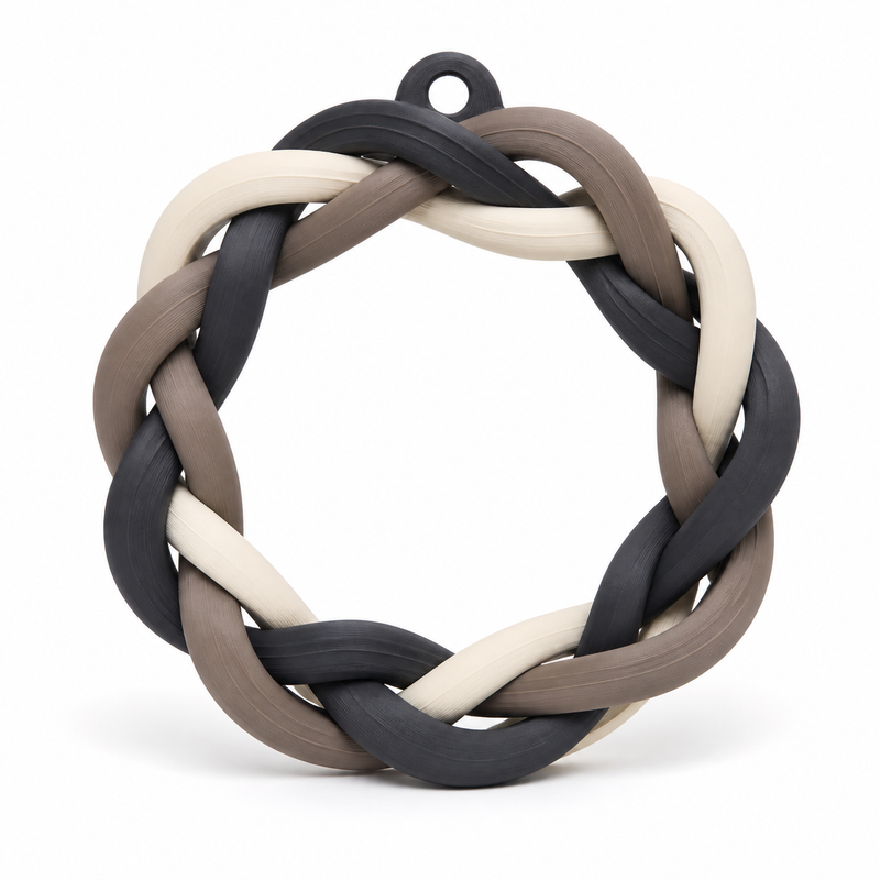 Product image of "Blended door wreath in anthracite and taupe" on white background: door wreath; Basic shape: round wreath shape made of several broadly braided ribbons; Design: a soft uniform braid structure and upper suspension eye; Colours: anthracite, taupe and cream.
