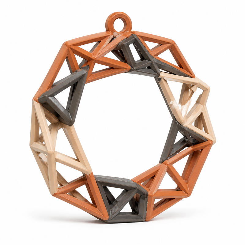 Product image byGeometric door wreath in warm natural colours“ on white background: door wreath; Basic shape: round open wreath shape made of square folded triangle struts; Design: an airy polygonal structure and small upper suspension loop; Colours: terracotta, cream and anthracite.