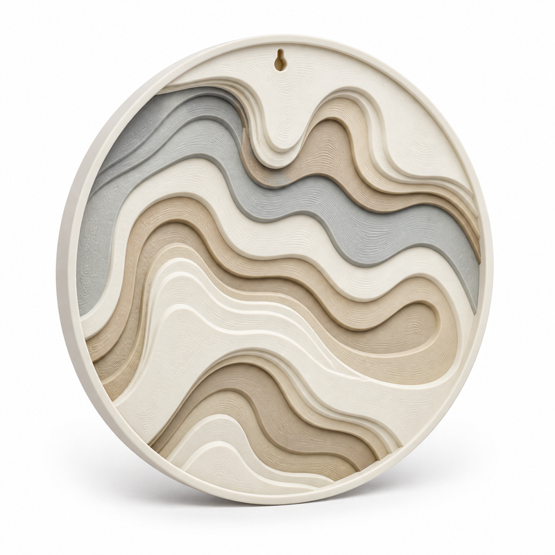 Product image of "round wall relief with silent height lines" on a white background: wall relief; Basic shape: round reliefplatte with small upper suspension opening; Design: numerous soft layered organic wavebands; Colours: off-white, beige and light grey.