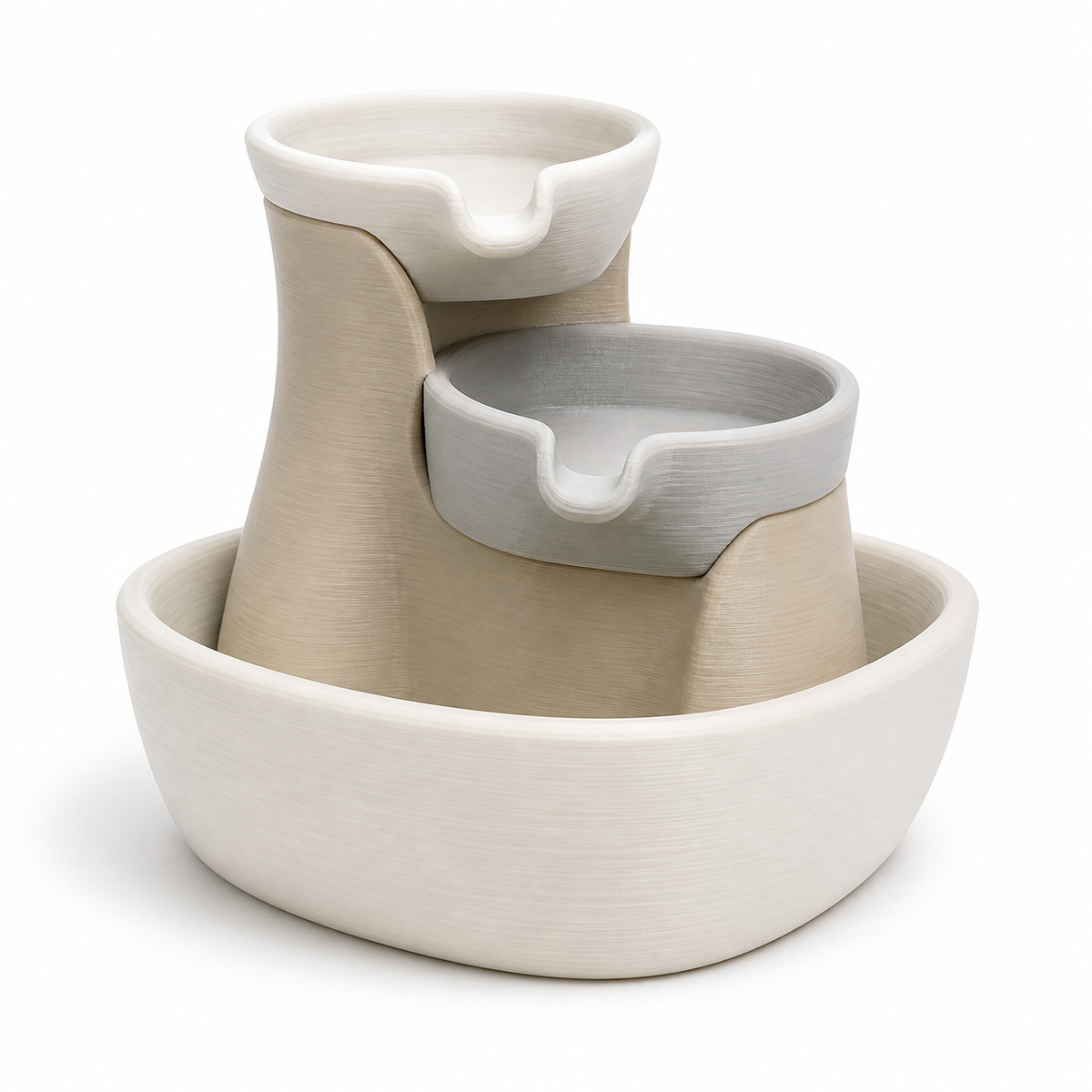 Product illustration of “Relaxing indoor fountains with two bowls” on a white background: Indoor fountains; Basic shape: two staggered round bowls in front of a beige backing in a large collecting basin; Design: gently shaped outlets and soft rounded bowl edges; Colours: off-white, beige and light grey.