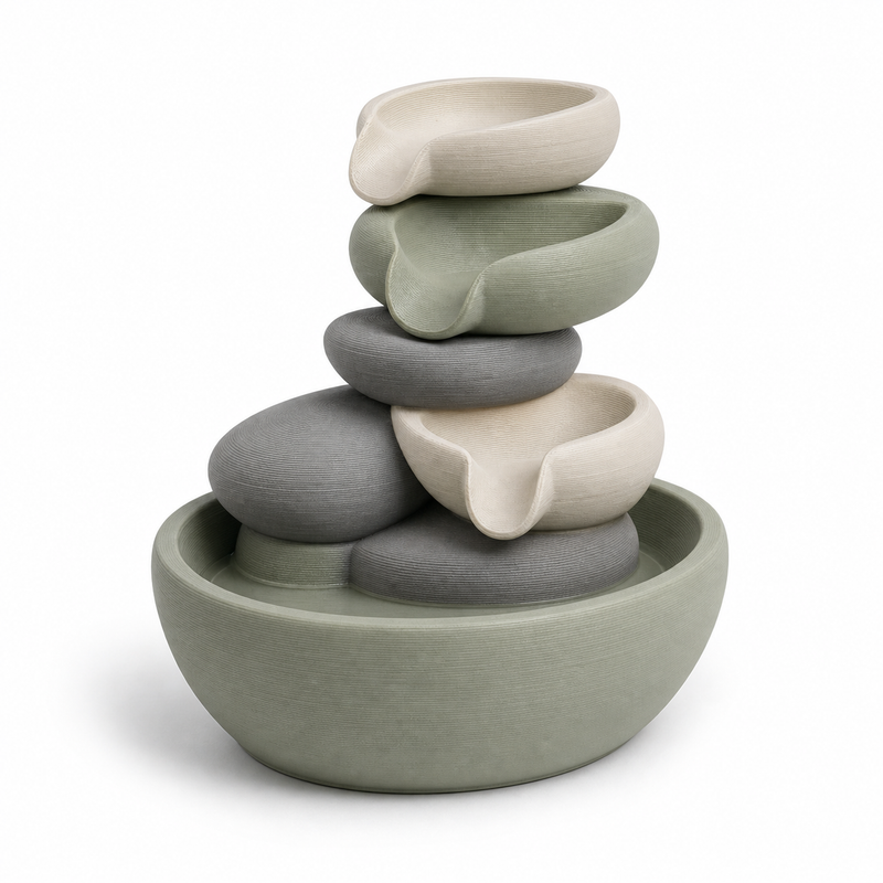 Product image of "Indoor fountains in a quiet stone look" on a white background: Indoor fountains; Basic shape: round sage-green tray with several stacked oval stone-like shapes; Design: gently offset planes and several small cream-colored spouts; Colours: sage green, cream and light grey.