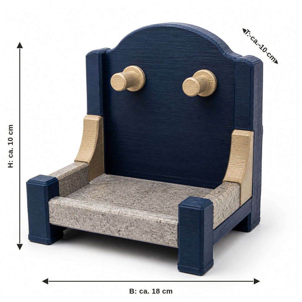 Dimensional image for chair-shaped key tray with two round hooks: width approx. 18 cm, depth approx. 10 cm, height approx. 10 cm