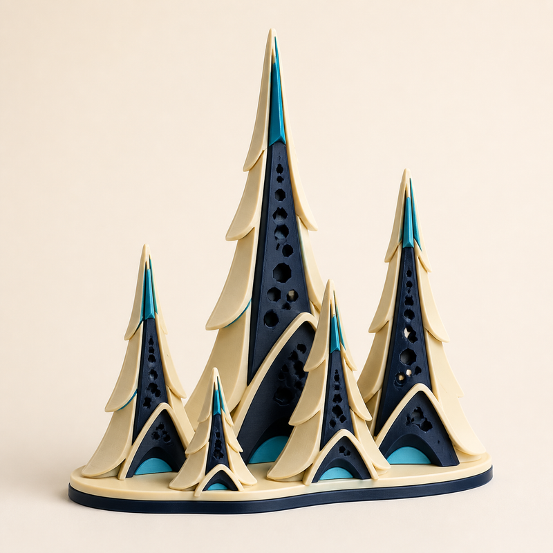 Tannenbaumgruppe Frosthain im Stil Futuristisch aus 3D-gedrucktem PETG in Creme, Dunkelblau, Cyan
