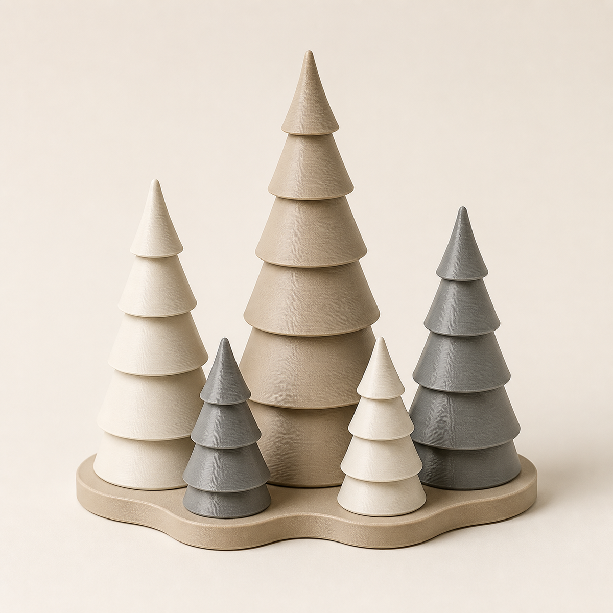 Tannenbaumgruppe Frosthain im Stil Minimalistisch aus 3D-gedrucktem PETG in Sand, Warmweiß, Grau