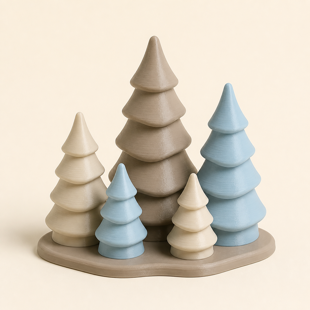 Tannenbaumgruppe Frosthain im Stil Still aus 3D-gedrucktem PETG in Taupe, Hellblau, Creme
