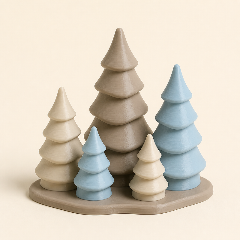 Tannenbaumgruppe Frosthain im Stil Still aus 3D-gedrucktem PETG in Taupe, Hellblau, Creme
