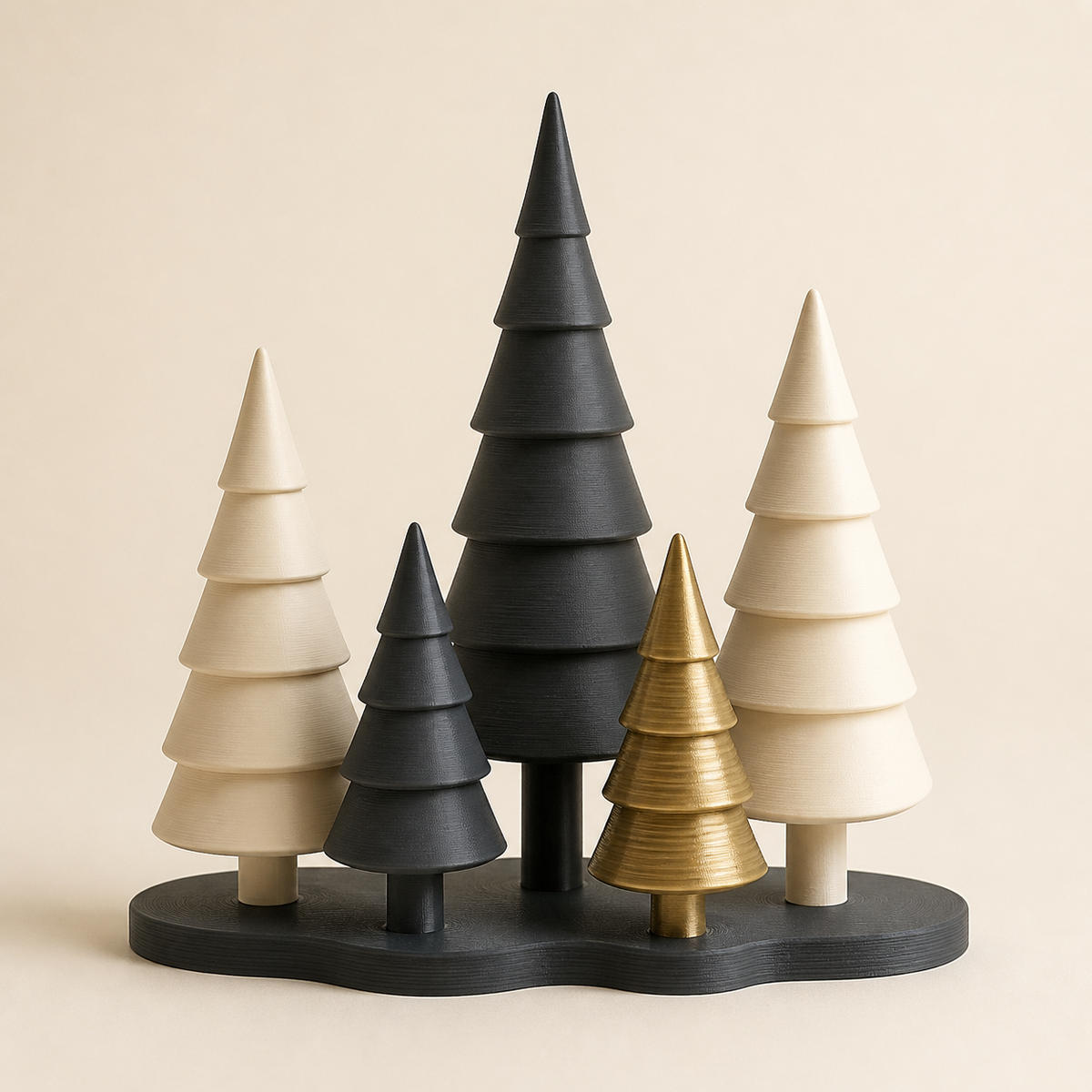 Tannenbaumgruppe Frosthain im Stil Zeitlos aus 3D-gedrucktem PETG in Elfenbein, Graphit, Messing