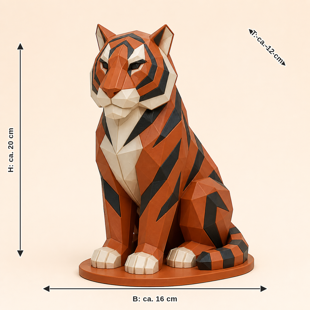 Maßbild für Tiger-Low-Poly-Skulptur Facettenfigur: Breite ca. 16 cm, Tiefe ca. 12 cm, Höhe ca. 20 cm