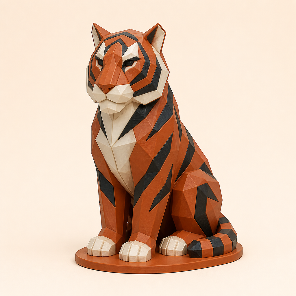 Tiger-Low-Poly-Skulptur Facettenfigur aus 3D-gedrucktem PETG in Terrakotta, Anthrazit, Knochenweiß