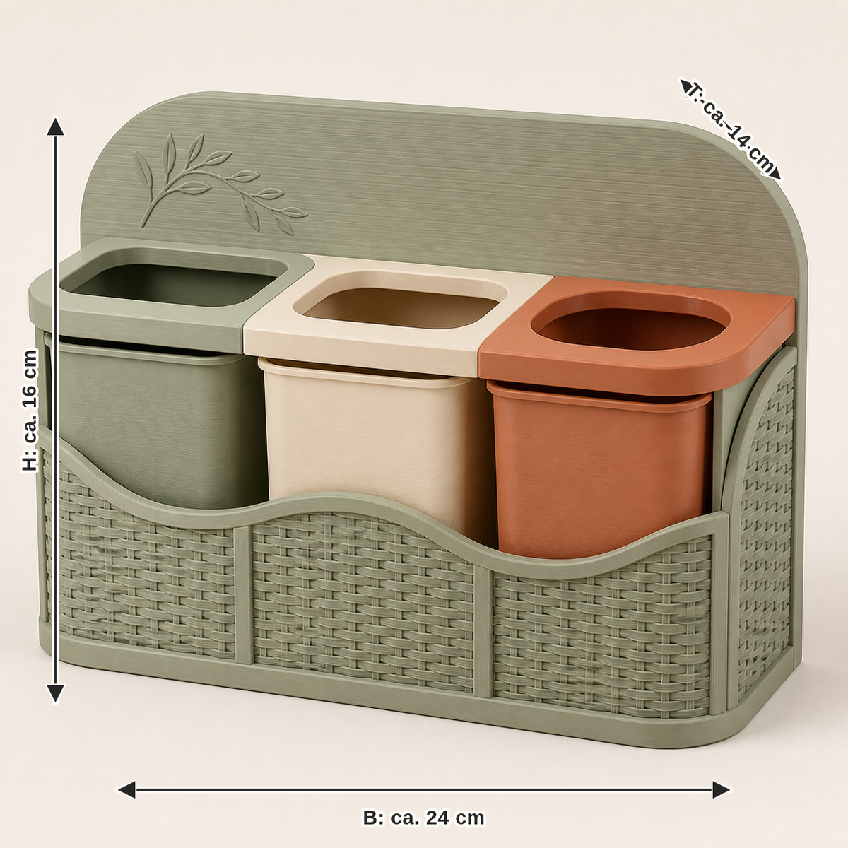 Dimensional image for table recycling station Grid – Country: width approx. 24 cm, depth approx. 14 cm, height approx. 16 cm
