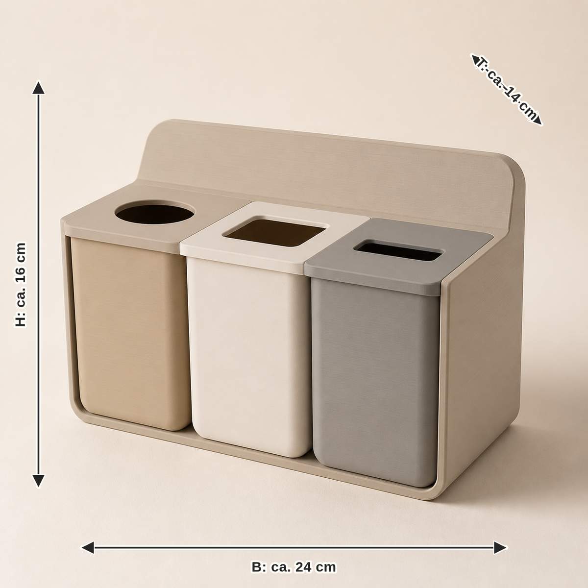 Measurement image for table-recycling station Grid – Minimalist: width approx. 24 cm, depth approx. 14 cm, height approx. 16 cm