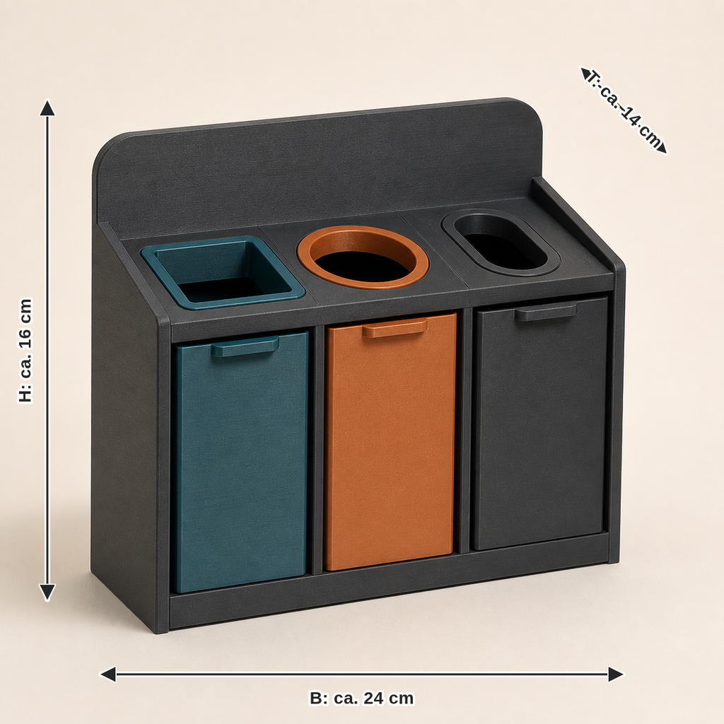Maßbild für Tisch-Recyclingstation Raster – Modern: Breite ca. 24 cm, Tiefe ca. 14 cm, Höhe ca. 16 cm