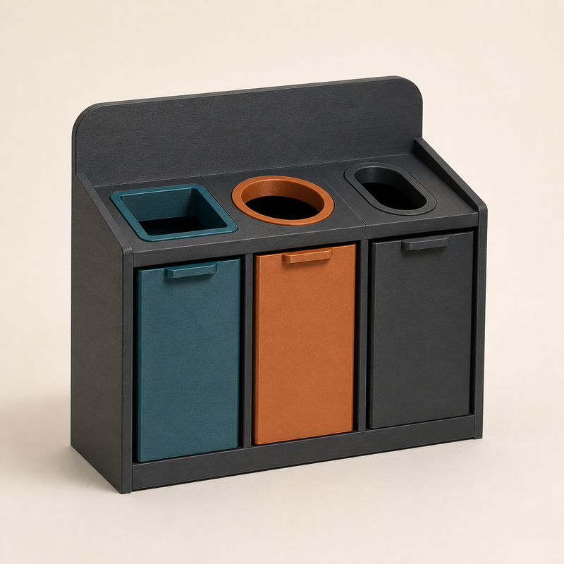 Tisch-Recyclingstation Raster – Modern aus PETG auf hellem Studiohintergrund