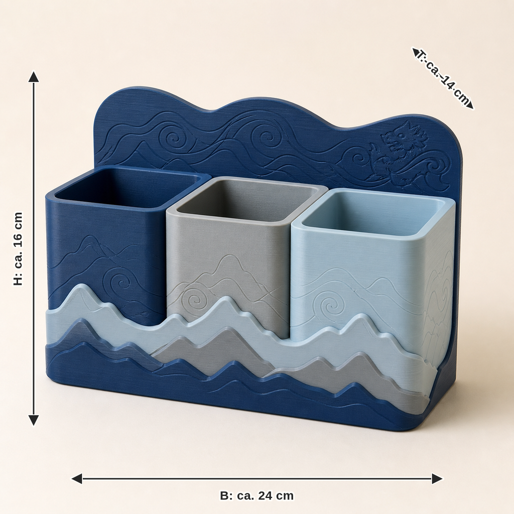 Maßbild für Tisch-Recyclingstation Raster – Nordisch & Mythisch: Breite ca. 24 cm, Tiefe ca. 14 cm, Höhe ca. 16 cm