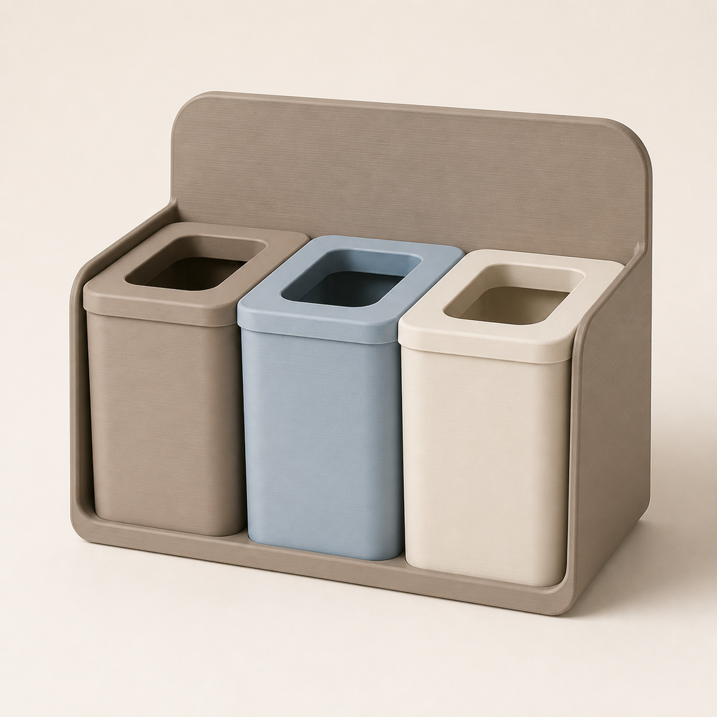 Tisch-Recyclingstation Raster – Still aus PETG auf hellem Studiohintergrund