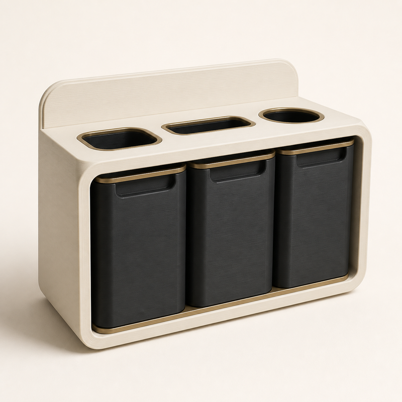 Table-recycling station Grid – Timeless from PETG on bright studio background