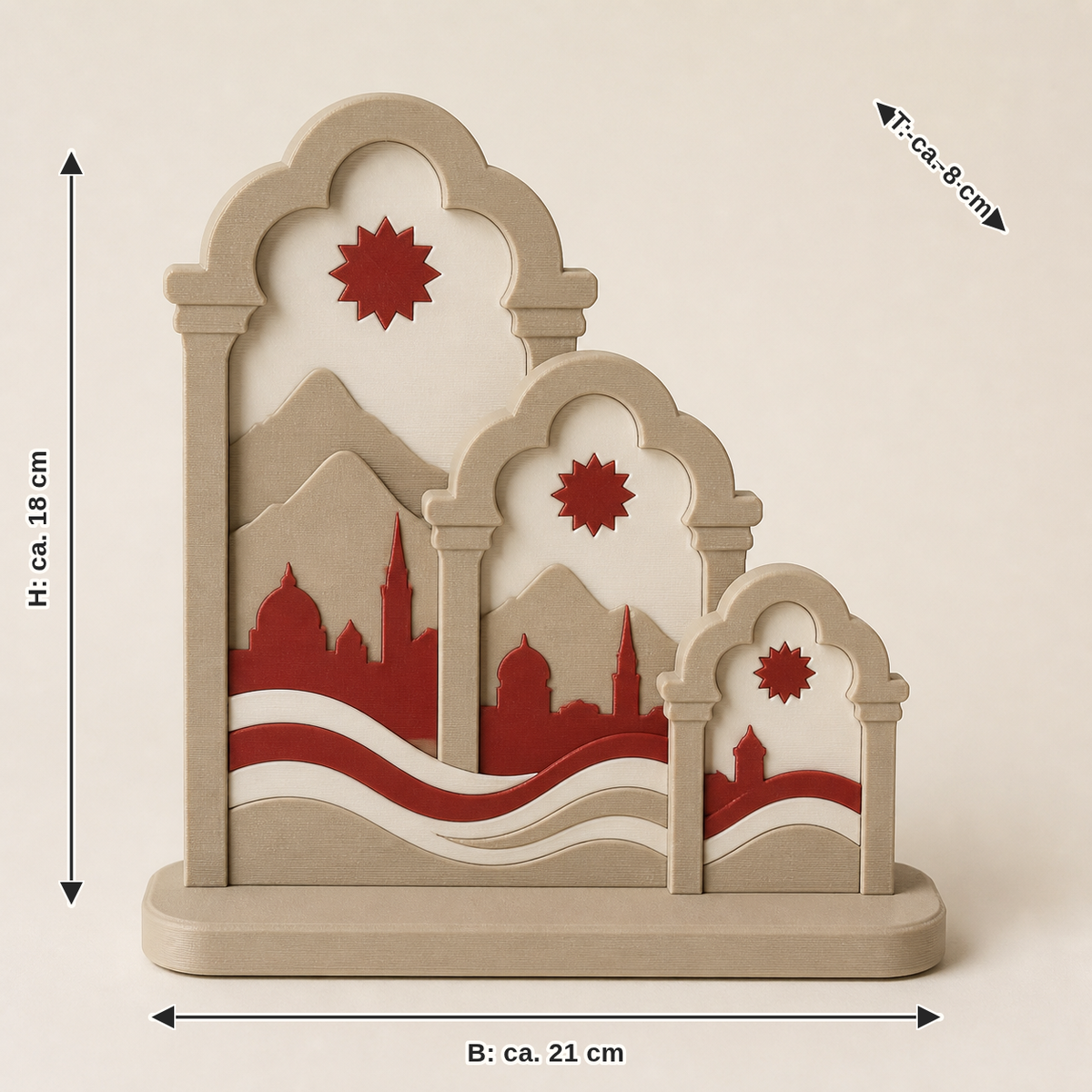 Maßbild für Tischornament Festungstor – Salzburg: Breite ca. 21 cm, Tiefe ca. 8 cm, Höhe ca. 18 cm