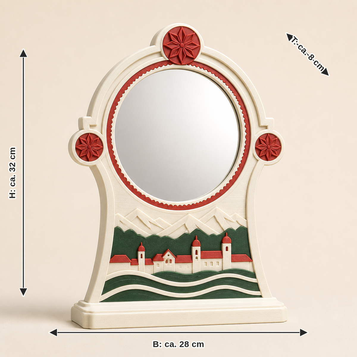 Dimensional image for tabletop mirror Mirabellrosette – Salzburg: width approx. 28 cm, depth approx. 8 cm, height approx. 32 cm